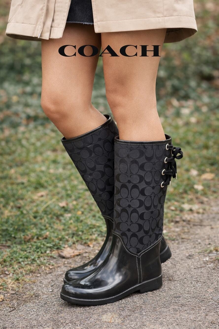 Coach Tristee Signature C Tall Lace-Up Rain Boots - Black, Size 7B